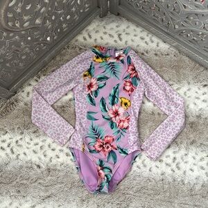 Art Class long sleeve swimsuit girls XSmall purple leopard print tropical floral